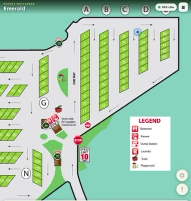 GPS Wayfinder park map with numbered campsites, amenities, and a blue guest location marker